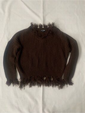 Fashion Nova Brown Fringed V-Neck Sweater